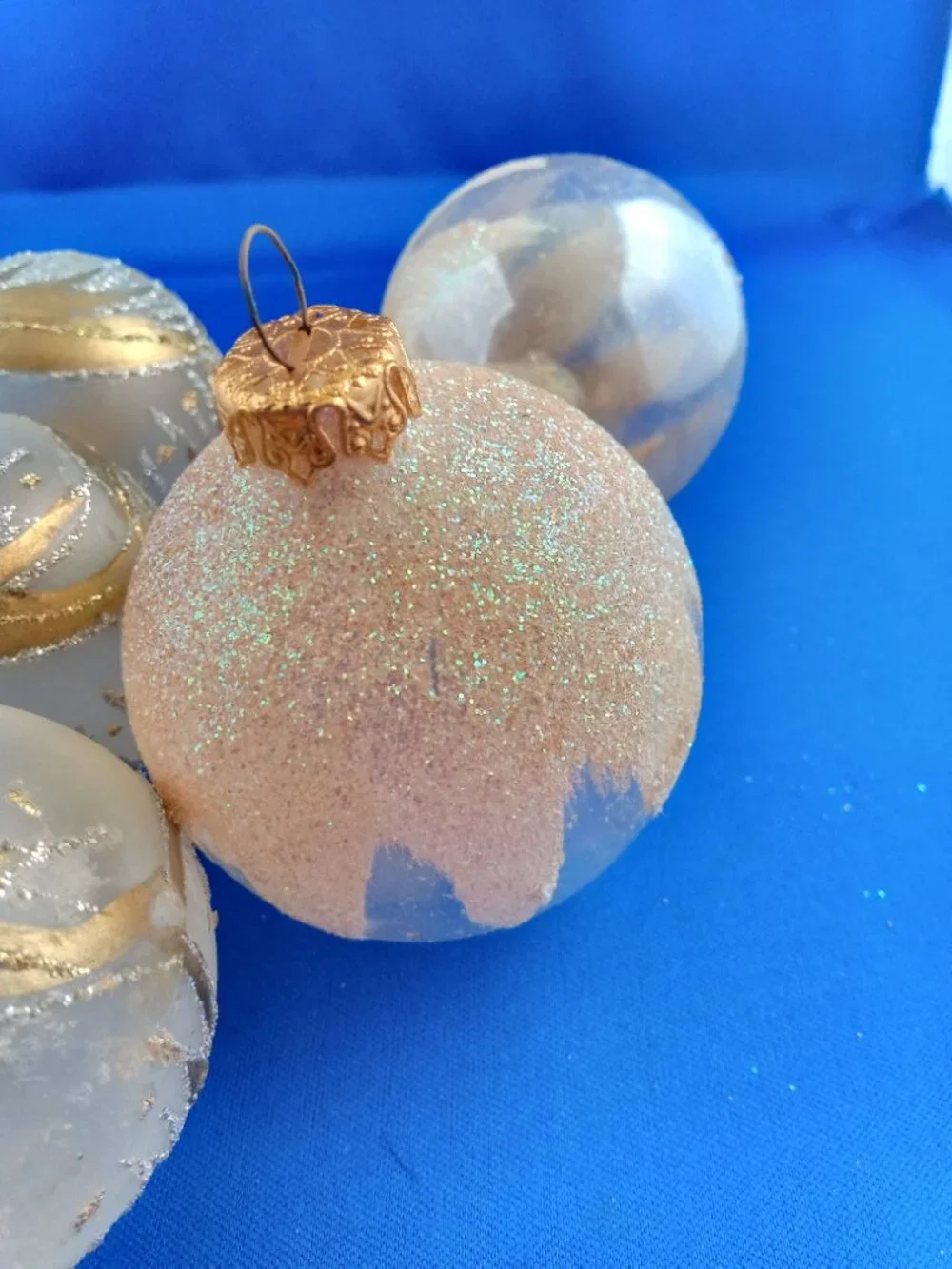 5 vintage glass with hand painted glitter Christmas  ornaments in box